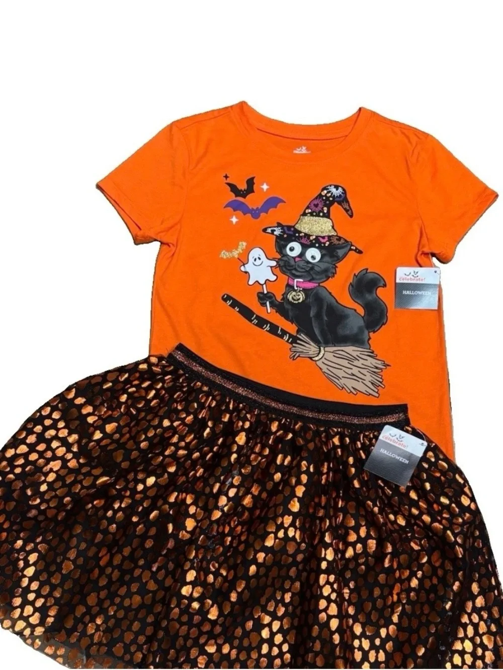 Way To Celebrate Halloween Spooky  Tutu Set Girls M 7/8 Graphic Tee Skirt NWT